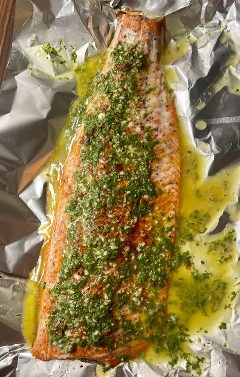 Salmon is one of my favorite week night proteins, and it was so fun making roasted salmon topped with chimichurri for a spicy kick! Salmon Chimichurri Recipe, Fish With Chimichurri Sauce, Chimichurri Fish, Salmon And Chimichurri, Chimichurri Salmon, Baked Cilantro Lime Salmon, Italian Herb Salmon, Salmon Marinade, Oven Baked Salmon