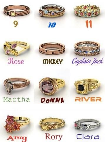 I think it's great that Clara is the only one with silver because, to me, she is deferent then the rest. Mickey Smith, Doctor Who Ring, Burnt Marshmallow, Doctor Who Wedding, Martha Jones, Jack Harkness, Ninth Doctor, Rory Williams, Donna Noble