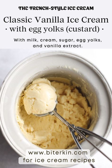 With milk, cream, sugar, egg yolks, and vanilla extract. Rich and velvety, this is a custard-based ice cream; a tad bit tricky to make, but so much worth it. Our winter favourite for its cosy mouthfeel. Egg Custard Ice Cream Recipe, Ice Cream Recipes With Eggs, No Churn Custard Ice Cream, Custard Based Ice Cream Recipe, Homemade Custard Ice Cream, Egg Yolk Ice Cream, Homemade Ice Cream Recipes Machine Vanilla Condensed Milk, Ice Cream Base Recipe, Ninja Creami Vanilla Ice Cream