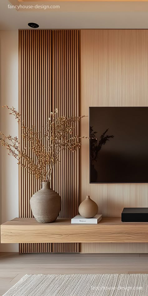 A thoughtfully designed TV wall integrates hidden storage and open shelving, combining practical use with minimalist charm. Tv Wall Design Minimalist, Wall Design Minimalist, Tv Shelf Design, Modern Fireplace Ideas Living Rooms, Tv Room Decor, Japandi Living Room, Minimalist Farmhouse, Japandi Interiors, Mood Board Interior