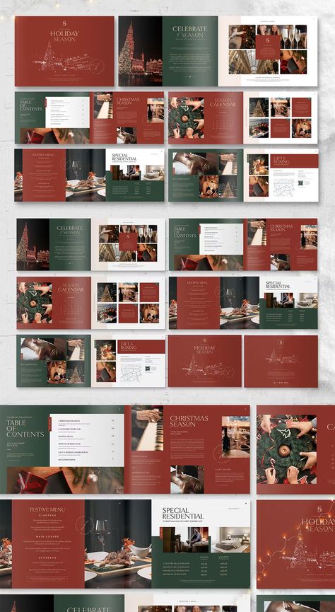 Christmas Hotel Brochure Template INDD Events Brochure Design, Christmas Magazine Layout Design, Christmas Magazine Layout, Christmas Brochure Design, Wedding Brochure Design, Hotel Brochure Design, Wine Brochures, Christmas Hotel, Event Planning Brochure