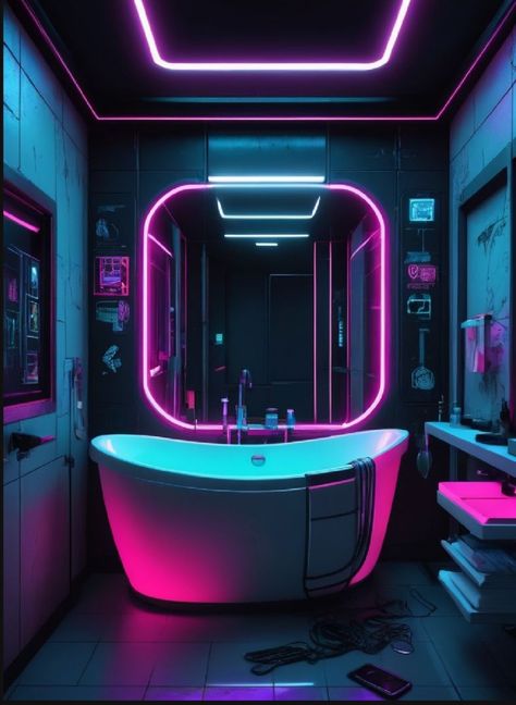 Cyberpunk Bathroom, Futuristic Room Ideas, Futuristic Room, Cyberpunk Aesthetic, Cyberpunk Style, Bath Room, Beauty Bar, Cyberpunk, How To Fall Asleep