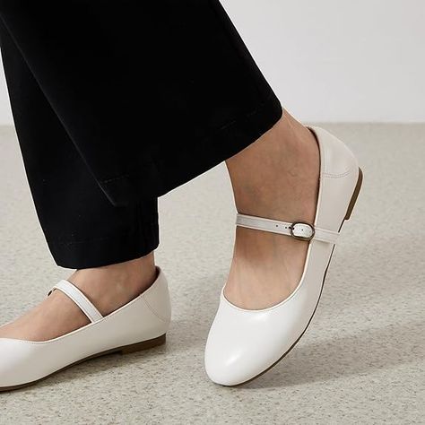 Amazon.com | Rekayla Mary Jane Flats Shoes Women Dressy Comfortable Round Toe Slip on Ballet Flat White | Flats White Ballet Flats, Wedding Ballet Flats, Mary Jane Shoes Flat, Mary Jane Flats, White Flats, White Sock, White Shoes, Mary Janes, Ballet Flats