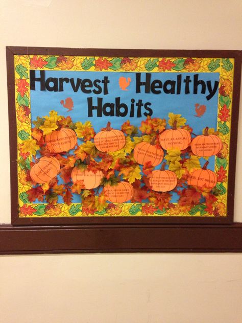 Thanksgiving Health Bulletin Boards, Fall Into Good Habits Bulletin Board, School Nurse Fall Bulletin Boards, Harvest Healthy Habits Bulletin Board, November School Nurse Bulletin Board Ideas, Fall Sel Bulletin Board, November Bulliten Boards, Nutrition Bulletin Board Ideas, Fall Into Healthy Habits Bulletin Board