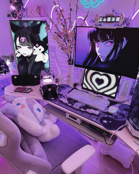 happy weekend💜 some pictures of my setup with my new accessories from @geekshare_us (*ᴗ͈ˬᴗ͈)ꕤ*.ﾟ ₊˚ʚ ᗢ₊˚✧ ﾟ. #kuromicore #kuromisanrio #geekshare #kawaii #desksetup #deskessentials #deskgoals #gamingsetup #gaming #sanrio #kuromi #ａｅｓｔｈｅｔｉｃ #kawaiiaesthetic Kuromi Pc Setup, Kuromi Gaming Setup, Gameing Set Up, Sanrio Gaming Setup, Sanrio Kuromi Aesthetic, Goth Gaming Setup, Gaming Set Up, Kuromi Desk, Girl Gaming Setup