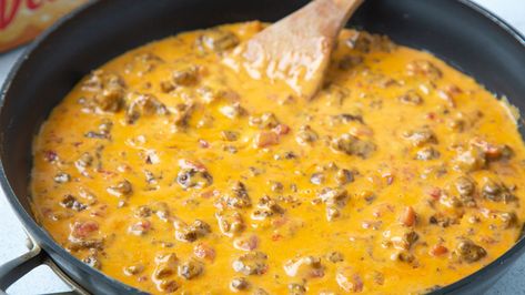 Everything is better with queso, and this chorizo queso recipe includes pantry staples to create a hearty and delicious dip. Chorizo Queso Dip Crockpot, Rotel Queso Dip, Appetizers For Football, Best Chorizo Queso Dip, Queso Dip Chorizo, Rotel Queso, Chorizo Queso Dip Oven, Chorizo Queso Dip Velveeta, Chorizo Queso Dip