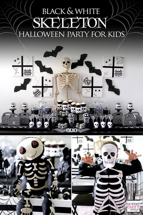 Check out this spooky cute black and white Skeleton Halloween Party for kids featuring a stunning candy table, Trick-or-Treat cupcakes + free printables! via @soireeevents Skeleton Theme Birthday Party, Skeleton Party Ideas, Skeleton Birthday Party, Skeleton Food, Skeleton Birthday, Halloween Party For Kids, Kids Halloween Birthday Party, Pirate Halloween Party, Skeleton Theme