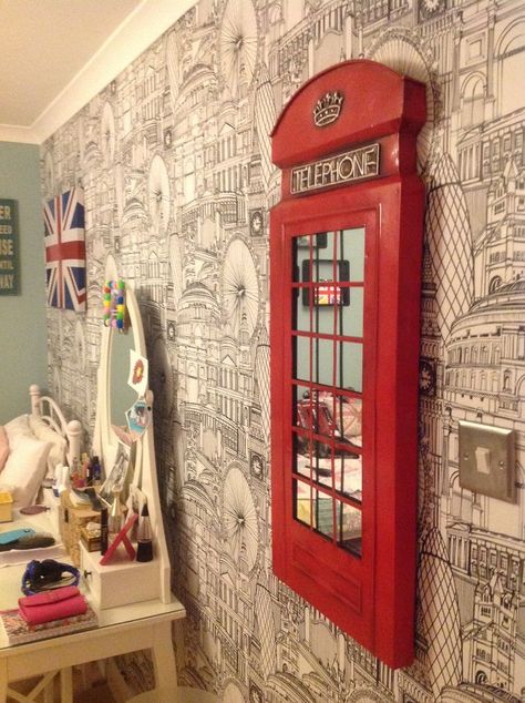 British Themed Rooms, British Bedroom, London Room, British Home Decor, Union Jack Decor, London Telephone Booth, London Decor, London Bedroom, Red Phone Booth