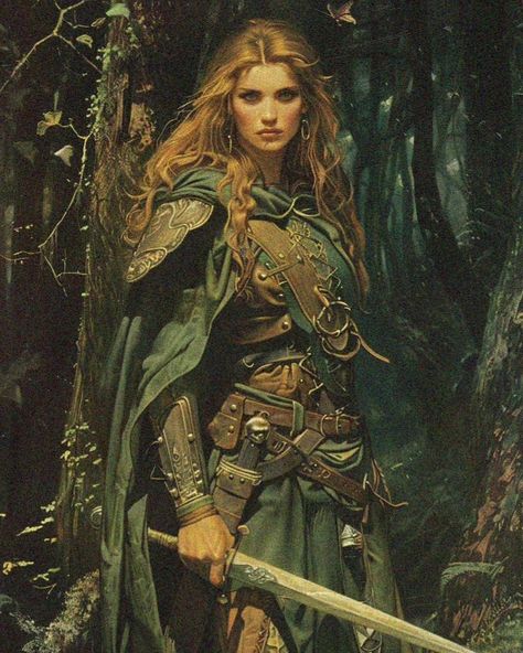 Dark fantasy elven scout im the forest. #dnd #dungeonsanddragons #fantasy #darkfantasy #retro #art #si #aiart #midjourney #frankfrazetta #female #elves Wood Elf Skyrim, Forest Warrior Fantasy Art, Elven Warrior Female, Elf Warrior Female, Wood Elf Dnd, Elven Druid, Battle Outfits, Female Character Art, Forest Elves