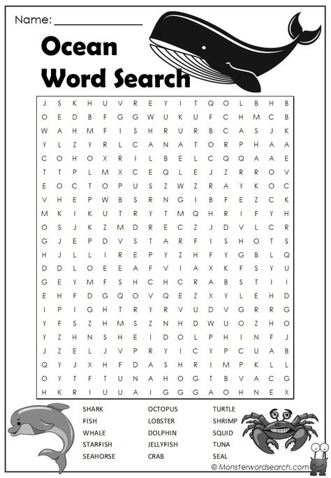 Word Search For 3rd Grade, Monster Word Search, Second Grade Word Search, Middle School Word Search, Free Word Search Puzzles Printables, Ocean Word Search, Ocean Worksheets, Ocean Words, Fun Word Search