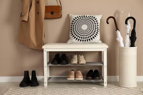 Should You Take Your Shoes Off Inside Someone's Home? Shoe Rack Dimensions, Organize Shoes, Custom Closet Shelving, Shoe Storage Small Space, Organizational Design, Shoe Storage Ideas, Kate Marker Interiors, Hallway Flooring, Door Shoe Organizer