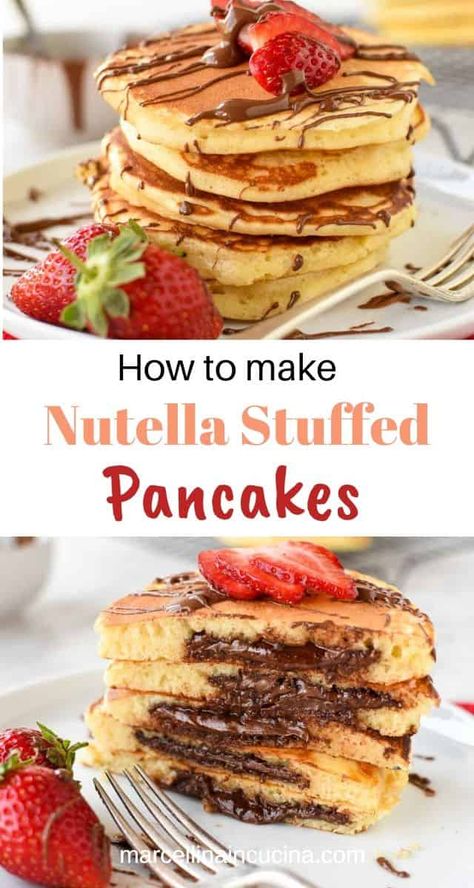 Banana Nutella Pancakes, Nutella Stuffed Pancakes, Pancakes Homemade, Nutella Breakfast, Stuffed Pancakes, Sugar Free Nutella, Scotch Pancakes, How To Make Nutella, Nutella Pancakes