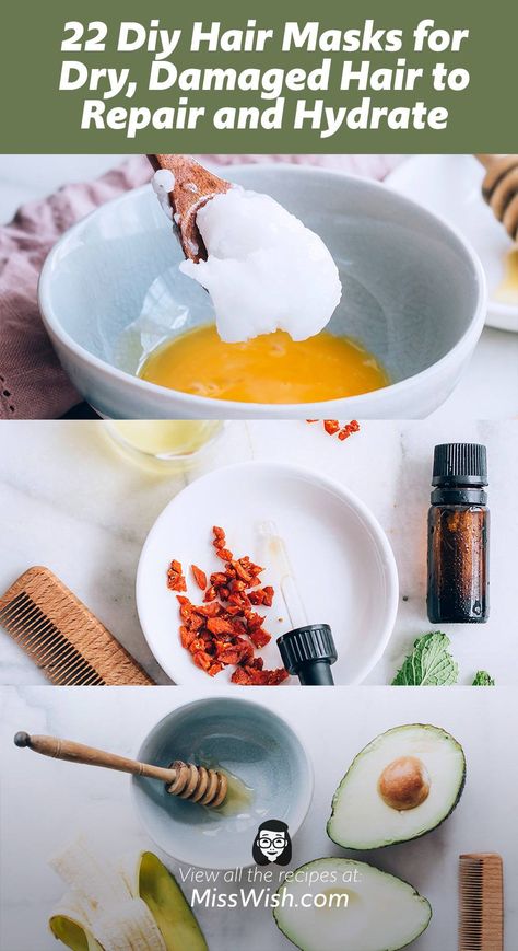 22 Diy Hair Masks for Dry, Damaged Hair (Repair and Hydrate Your Hair) - Miss Wish Damaged Hair Diy, Best Diy Hair Mask, Hair Masks For Dry Damaged Hair, Yogurt Hair Mask, Hair Mask Diy, Egg For Hair, Homemade Hair Mask, Olive Oil Hair, Recipes Using Bananas