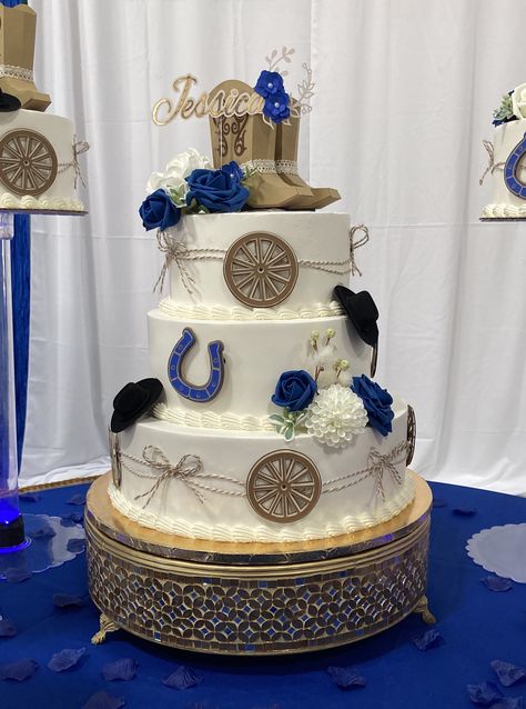 Charro Quinceanera Theme Blue, Royal Blue Vaquera Quince, Quince Decorations Western Theme, Quince Cowgirl Theme, Centerpieces Charro Theme, Quinceanera Cakes Western, Royal Blue Vaquero Quince, Quince Cakes Mexican Theme, Quinceanera Horse Theme