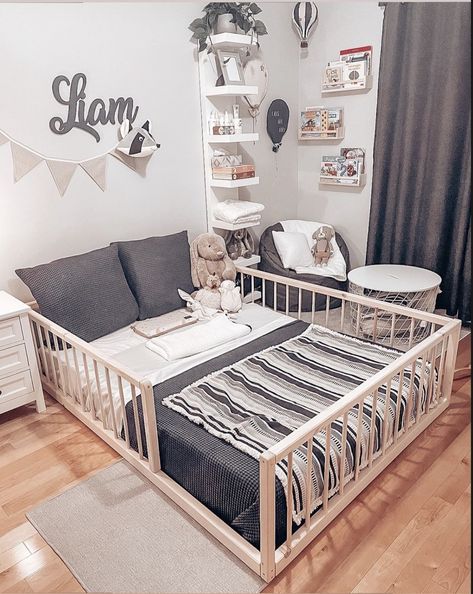 Toddler Room Full Size Bed, Toddler Bed In Parents Room Ideas, Toddler Boy Room With Floor Bed, Toddler Floor Bed Boy Room Ideas, Bedroom With Crib Parents, Montessori Bedroom Boy, Montessori Bedroom Toddler Boys, Toddler Rooms Boy, Boys Room Ideas Toddler