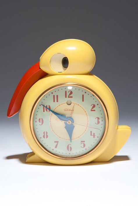 Rare Art Deco Telechron "Quacker" Electric Alarm Clock by Industrial designer Belle Kogan. The whimsical design made of canary yellow Plaskon body with a deep orange Plaskon beak, and painted eyes that seem always to be watching you is absolutely stunning.  This is one of the few true novelty clocks made by Telechron, and it is one of the most desirable.This clock was featured in the Telechron catalogs from 1935 through 1939.  The "Quacker" model 7F63 was the alarm clock version of the similar Novelty Clocks, Painted Eyes, Vintage Alarm Clocks, Beautiful Objects, Deep Orange, Canary Yellow, Vintage Clock, Dream Room, Alarm Clock