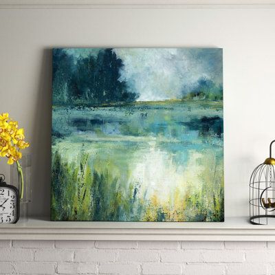 This giclee print is a traditional nature landscape that fills your room with plenty of cool vibrant tones. Designed by Carol Robinson and titled "Reflections Edge," it features thick brushstrokes that depict a pondside scene with trees, water, and reeds in front with rich teal, turquoise, yellow, and forest green hues throughout. This square acrylic painting print comes in a variety of size options, so you're able to find the one that works best for you. A single wall hook is affixed to the bac Comfort Art Paintings, Green Painting Ideas, Tranquil Painting, Teal Artwork, Teal Painting, Watercolor Landscapes, Dream Painting, Painting Green, Green Hues