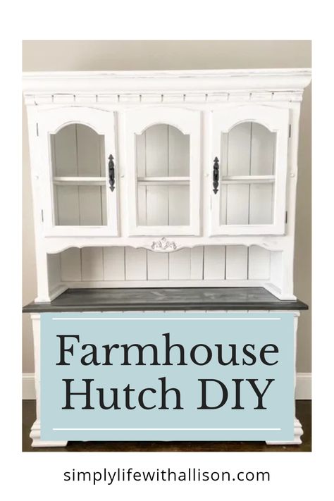 Read how I transformed a basic hutch into a farmhouse design. DIY farmhouse hutch. Farmhouse White Hutch, White Farmhouse China Cabinet, Diy Buffet Cabinet Farmhouse Style, Antique White Hutch, White Farmhouse Hutch, Old Hutch Makeover Ideas Farmhouse, Farmhouse Hutch Coffee Bar, Redo Hutch Ideas, Kitchen Hutch Ideas Farmhouse Style