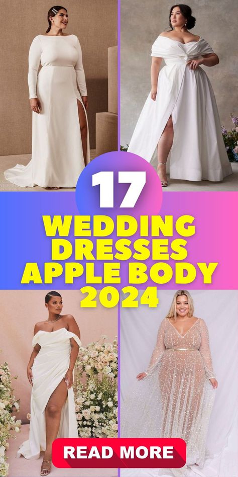 Modern Simple Wedding Dresses Apple Body 2024: This 2024 collection of modern simple wedding dresses is designed for apple body shapes. It includes styles for plus size brides and options suitable for a petite frame. The range showcases a variety of shapes and types, from elegant lace to boho chic, ensuring every shaped woman finds her perfect dress. Wedding Dress For Large Stomach, Dresses For Apple Shaped Women Classy, Winter Wedding Plus Size Dress, Plus Size Apple Shape Wedding Dress, Apple Shaped Wedding Dress Plus Size, Apple Wedding Dress, Wedding Dresses Body Type, Wedding Dress For Big Belly Women, Body Type Wedding Dress Guide