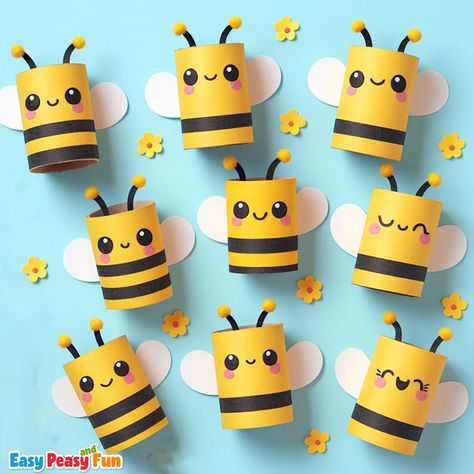 Cute toilet paper roll bee craft idea for kids to make. Your kids are going to love this cute bug craft that's perfect for spring. Make A Bug Craft, Bumble Bee Toilet Paper Roll Craft, Frog Making Craft, Arts And Crafts For First Grade, Bee Toilet Paper Roll Craft, Make A Bee Craft, Loo Roll Crafts Kids, Kindergarten Paper Crafts, Bee Ideas For Kids