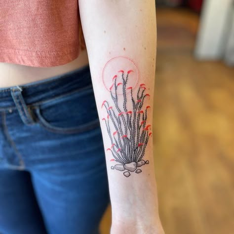 Kaya (Kai-uh) (@highwatertattoos) • Instagram photos and videos Mojave Desert Tattoo, Desert Tattoos For Women, Ocotillo Tattoo, Desert Landscape Tattoo, Yucca Tattoo, Tucson Tattoo, Super Cool Tattoos, Tattoo Left Arm, Coral Tattoo