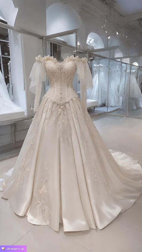 Wedding Dress Princess Sleeves, Vintage Wedding Dress Princess, White Midevil Dresses, Ideal Wedding Dress, Creme Wedding Dress Vintage, Wedding Dresses Historical, Victorian Royal Wedding Dress, Wedding Dress Model Poses, Fairy Aesthetic Wedding Dresses