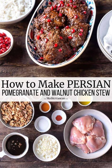 Fesenjan is a traditional Persian stew made with chicken, pomegranate molasses and walnuts. Considered a special occasion dish in Iran, fesenjan takes time, but is worth every minute. Pomegranate Chicken Recipes, Fesenjan Recipe, Persian Pomegranate, Persian Stew, Persian Food Iranian Cuisine, Pomegranate Chicken, Walnut Chicken, Molasses Recipes, Walnut Sauce