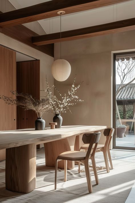 Japandi Table: The Centerpiece of Minimalist Dining - Quiet Minimal Desert Dining Room, Wooden Dining Table Decor, Dining Table Japandi, Small Dining Room Inspiration, Wood Table Dining Room, Salon Japandi, Japandi Dining Table, Minimalist Dining Room Decor, Japandi Table