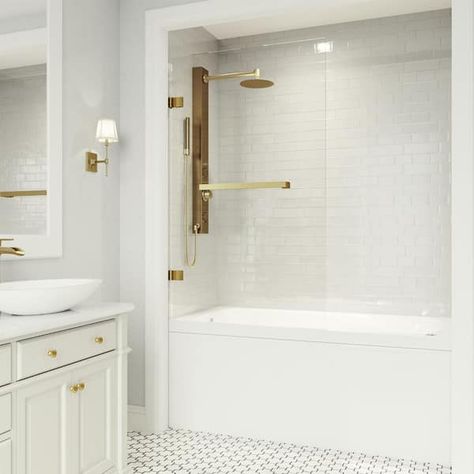 VIGO Rialto 34 in. x 58 in. Frameless Sliding Tub Door in Matte Gold VG6074MGCL3458 - The Home Depot Bathtub With Glass Door, Tub With Glass Door, Frameless Bathtub Doors, Glass Bathtub, Bathtub Shower Doors, Glass Shower Doors Frameless, Bathtub Doors, Tub Doors, Frameless Shower Doors