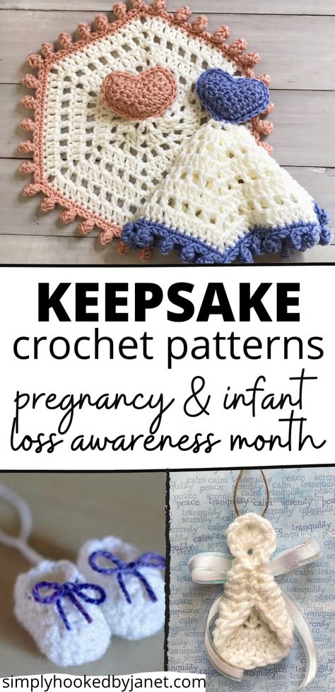 Did you know that October is Pregnancy & Infant Loss Awareness Month? Here you will find a list of several crochet patterns that are keepsakes that you can make and gift in remembrance of an Angel Baby or any baby gone too soon. | Crochet Keepsake Gifts | Crochet Ornaments | #crochetangel #crochetbabybooties Micro Preemie Crochet Patterns Free, Angel Baby Crochet Patterns Free, Crochet Keepsake, Micro Preemie Crochet Patterns, First Haircut Keepsake, Angel Baby Blanket, Angel Baby Crochet, Angel Crochet Pattern Free, Preemie Patterns