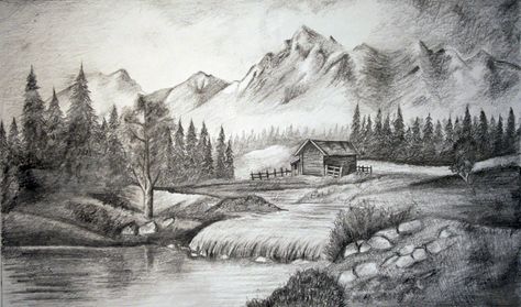 Landscape in pencil Mountain Landscape Drawing, Scenery Drawing Pencil, Beautiful Scenery Drawing, Pencil Sketches Landscape, Pencil Drawings Of Nature, Landscape Drawing Easy, Mountain Sketch, Landscape Pencil Drawings, Drawing Scenery