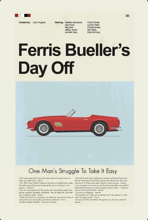 Indie Collage, Ferris Bueller’s Day Off, Pic Wall, Ferris Bueller's Day Off, Best Friends Brother, Ferris Bueller, Film Posters Minimalist, Movie Poster Wall, Movie Prints