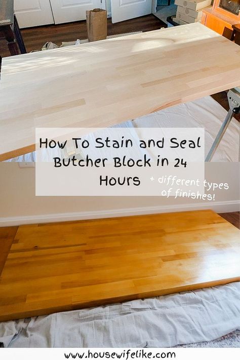 Here I’ll show you how to stain and seal butcher block in 24 hours.

In this guide, I’m going to lay everything out on the table by sharing several common ways on how to stain and seal butcher block. I’ll also shed some light on some drawbacks to those options. I’ll let you decide what works best for you based on your situation and preferences, and then explain the route that I went and why. Staining And Sealing Butcher Block, Butcher Block Rv Table, How To Make Butcher Block, Polyurethane Wood Countertops, Stain And Seal Butcher Block Countertops, How To Seal Butcher Block, Butcher Block Table Top, Painting Butcher Block Countertops, How To Stain Butcher Block