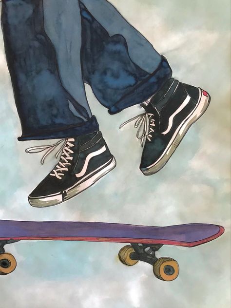 Van Drawing, Skater Art, Painted Skateboard, Skate Boy, Skating Shoes, Perspective Sketch, Fashion Drawing Sketches, Vans Skate, Skate Art