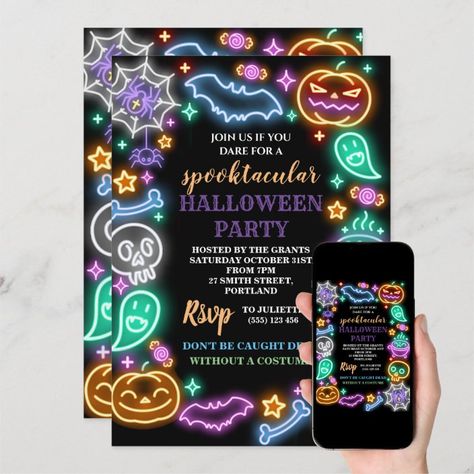 Neon Halloween Party, Halloween Movie Night Party, Halloween Invitaciones, Halloween Birthday Party Invitations, Halloween Invitation Template, Neon Halloween, Halloween Party Flyer, Superhero Birthday Invitations, Halloween Birthday Party