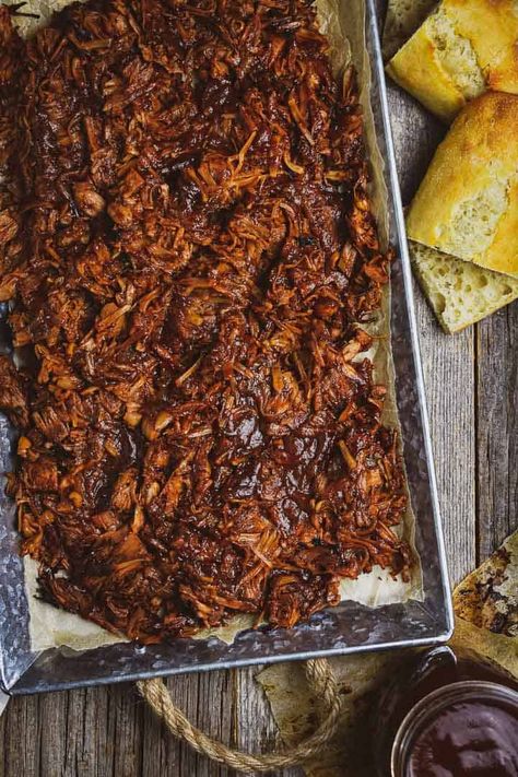 This Vegan Pulled Pork made with jackfruit is so close to the real thing it's scary. Smoky, sweet, tender, and absolutely delicious! #WFPBrecipe #VeganRecipe #easyrecipe #cleaneating Pulled Pork Jackfruit Recipe, Smoked Jackfruit Pulled Pork, Jackfruit Pulled Pork Sandwiches, Pulled Jackfruit Recipes, Jackfruit Bbq Pulled Pork, Bbq Jackfruit Recipes, Jack Fruit Pulled Pork, Smoked Jackfruit, Vegan Jackfruit Recipes