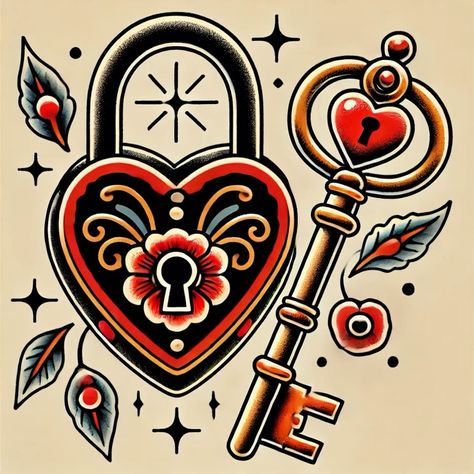 American Traditional 13 Tattoo, Lucky In Love Tattoo, Heart Lock Tattoo Design, Victorian Traditional Tattoo, Traditional Lock And Key Tattoo, Key Lock Drawing, Prisoner Of Love Tattoo Traditional, American Traditional Locket Tattoo, American Traditional Love Tattoo