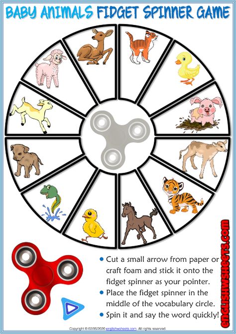 Baby Animals ESL Printable Fidget Spinner Game For Kids Animal Sounds Activity, Animal Sounds Game, Vocabulary Games For Kids, Fall Vocabulary, Spinner Games, Test For Kids, Esl Vocabulary, Kids Animals, Kids Worksheets Printables