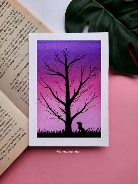 Shadow Painting Ideas On Canvas, Gradient Sky Painting, Gradient Painting Ideas, Canvas Scenery Painting Easy, Landscape Watercolor Paintings Easy, Sunset Watercolor Painting Easy, Watercolour Gradient, Sunset Silhouette Painting, Scenery Painting Easy