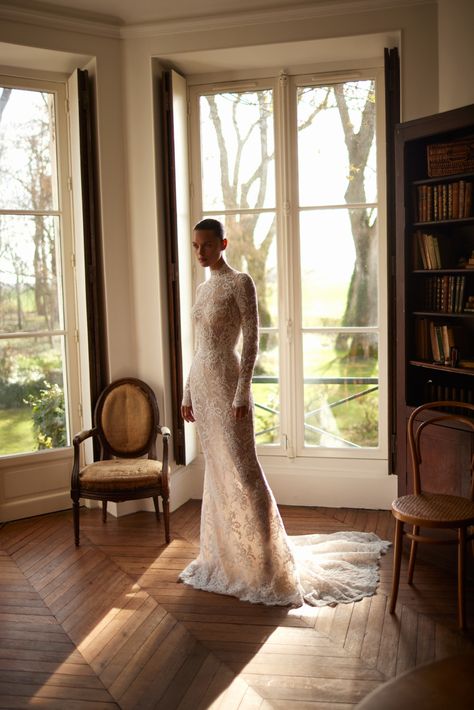 Long Sleeve Column Wedding Dress, Long Lace Wedding Dress, Mermaid Wedding Dress Classy, Dana Harel Bridal, Turtleneck Wedding Dress, Dana Harel, Bridal 2024, Best Wedding Dress, Lace Wedding Gown