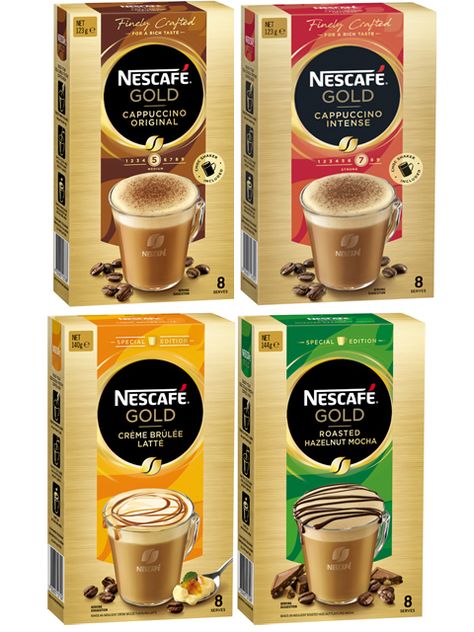 NESCAFÉ Gold Range Packs Coffee Sachet, Nescafe Gold, Noodles Ideas, Best Freeze Dried Food, Nescafe Coffee, Coffee Sachets, Gold Drinks, Tea Packaging Design, Coffee Pack