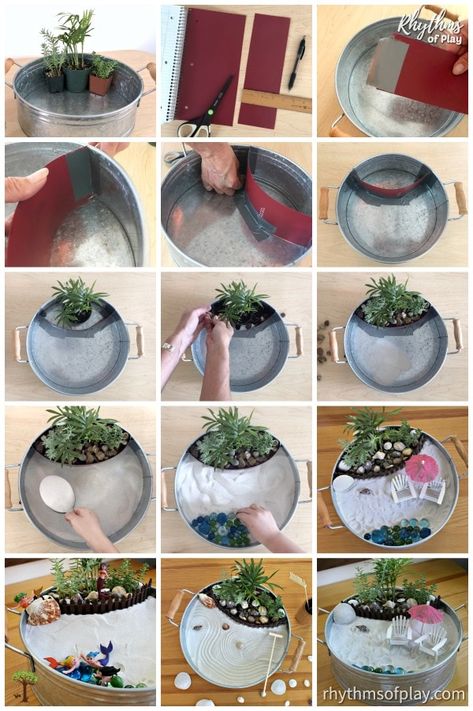 Indoor Gnome Garden Ideas, Portable Fairy Garden Ideas, Shade Fairy Garden, Zen Garden Diy Miniature, Zen Fairy Garden, Fair Garden Ideas Diy, Dish Garden Ideas Diy, Dollar Tree Fairy Garden Ideas, Indoor Fairy Gardens Diy