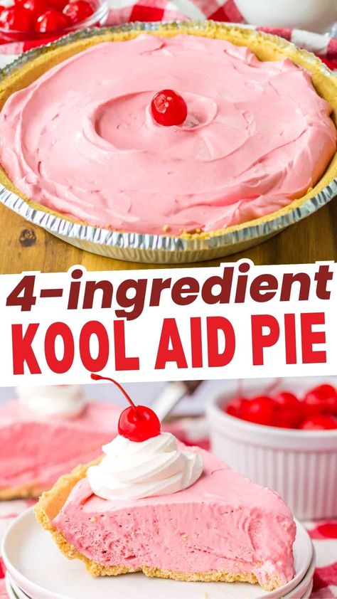 This No Bake Kool-Aid Pie is so easy and so delicious! Just 4 ingredients and you have a flavorful pie everyone loves. Cool, creamy and refreshing you will be making this one all summer long. We made cherry but you can pick your favorite Kool-Aid flavor for this easy no bake dessert. Kool Aid Pie, Kool Aid Pie Recipe, Whipped Cream Pie, Cool Whip Pies, Recipes With Cool Whip, Cool Whip Desserts, Easy No Bake, Easy Pie, Refreshing Desserts