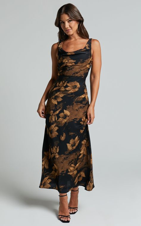 Turn heads at your next formal event with the Dara Midi Dress in Amber Floral Print. This sleeveless slip dress features a low scoop neck and a flirty midi length, making it perfect for showing off your personal style. Made from luxurious satin polyester fabric, this black dress is both comfortable and chic. Whether you pair it with heels for a night out or layer it under a blazer for a more professional look, the Dara Midi Dress is sure to make you feel empowered and confident. Product Details: Petite Wedding Guest Dress, Downtown Fits, Formal Wedding Guest Dress, Semi Formal Wedding, Formal Wedding Guests, Spring Wedding Guest Dress, Feel Empowered, Fall Wedding Guest Dress, Guest Attire