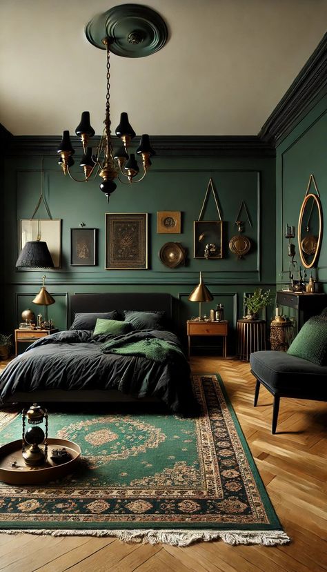 25 Chic Black and Dark Green Bedroom Ideas for a Trendy Look 29 Black And Dark Green Bedroom, Dark Green Bedroom Ideas, Dark Green Bedroom, Dark Green Rooms, Green Bedroom Ideas, Green Accent Walls, Moody Bedroom, Casa Vintage, Dark Home Decor