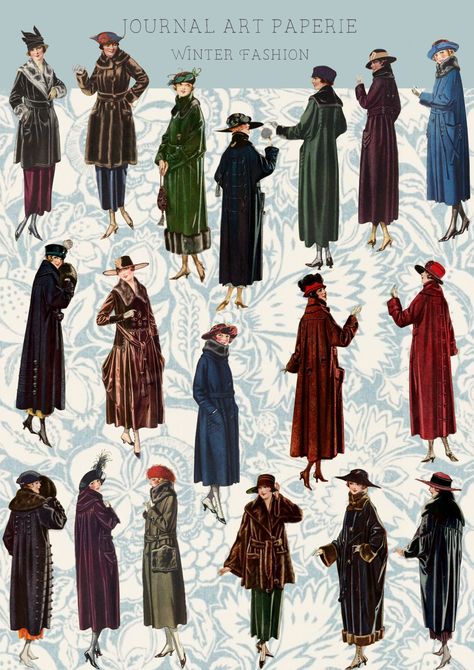 A lovely set of 18 Vintage (1920s) winter fashion die cut stickers measuring 9cms tall  These gorgeous stickers are perfect for use in your journals, on cards, or scrapbooking, or simply a beautiful addition to your ephemera collection My Website: www.journalartpaperie.com 1920s Winter Fashion, Downton Abbey Dresses, 1920 Fashion, Russian Fashion, Die Cut Stickers, 1920s Fashion, Cut Stickers, Fantasy Fashion, Lovely Colors