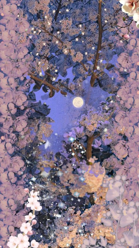 Spring at Night #spring #night #cherryblossom #moon #stars #wallpaper Moon Stars Wallpaper, Spring Night, Stars Wallpaper, Moon Stars, Cherry Blossom, At Night, Aesthetic Wallpapers, Blossom, Moon