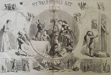 St. Valentine's Day, c.1864 - Harper's Weekly Illustration - American Civil War - Vignettes of; Confederate & Union soldiers, wives of soldiers receiving Valentine greeting cards from Cupid, who is dressed as a soldier, and a sketch of Confederate President Jefferson Davis. ~ {cwl} ~ (Image: Prints old and rare) Culture Poster, Dirty Valentine, Valentines Day History, Valentine History, Valentines Day Poster, Vintage Newspaper, Valentine's Day Quotes, History Pictures, Saint Valentine