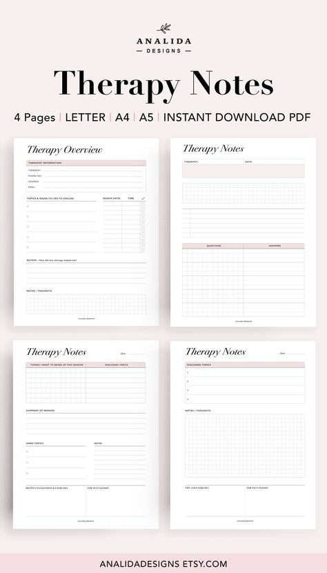 🖤 THERAPY NOTES & OVERVIEW PRINTABLES: These minimalist therapy inserts are great for you to track everything you may want to discuss with your therapists. These sheets also include a therapy overview which has a list of all your sessions, issues you want to work on, and a final review.
You can also get this for your own wellbeing or a gift to a friend. Comes in A4, Letter, and A5 sizes. Therapy Planner, Therapy Notes, Journal Mental Health, A5 Planner Inserts, Medical Tests, Notes Planner, Love Journal, Health Planner, Therapy Worksheets