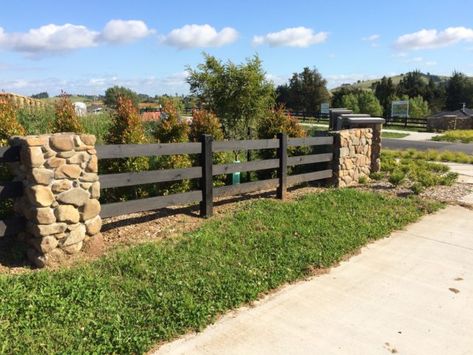 Perimeter Fence Ideas, Subdivision Entrance, Entrance Gates Driveway, Post And Rail Fence, Fence Options, Timber Gates, Stone Fence, House Fence Design, Driveway Entrance